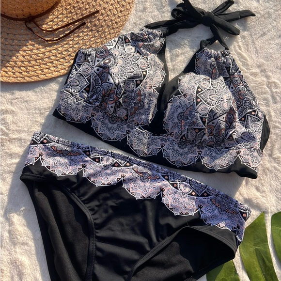 Swimsuits For All Avenger Halter Bikini Set Black White Lace Print - Picture 10 of 10